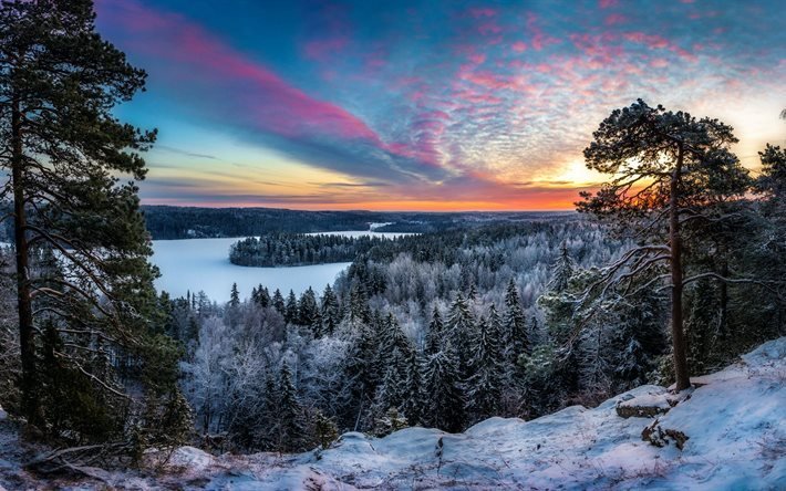 sunset, kv&#228;ll, skogen, river, vinterlandskap, sn&#246;, vinter, finland