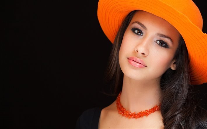 hermosa chica, sombrero de color naranja, retrato, maquillaje, cabello casta&#241;o