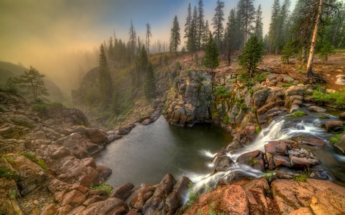 forest, fog, usa, rocks, morning, waterfall, ca, webber falls
