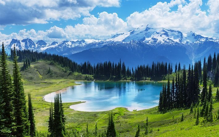 green meadows, mountain lake, mountains, spring, canada