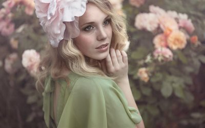 fleurs, blonde, belle fille, printemps, mod&#232;le