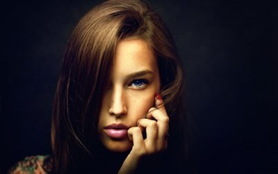 portrait, beautiful girl, blue eyes, brown hair, look