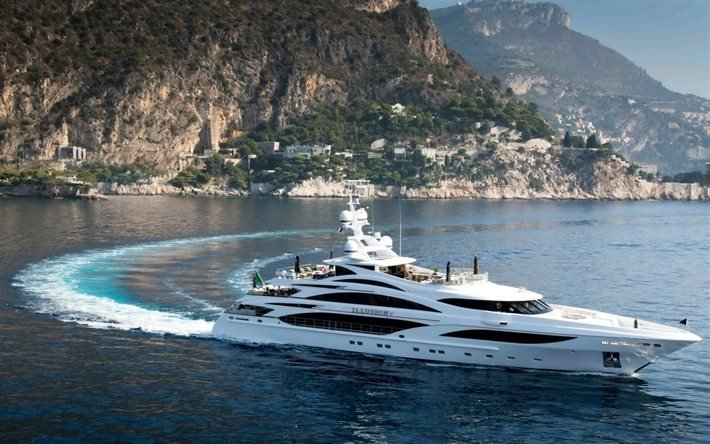 nave, bianco yacht, yacht di lusso, mare, montagne