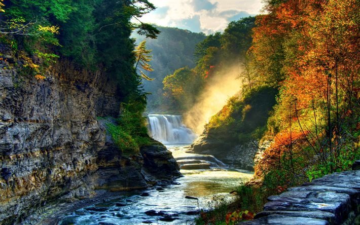 morning, waterfall, mountains, stream, stones, forest