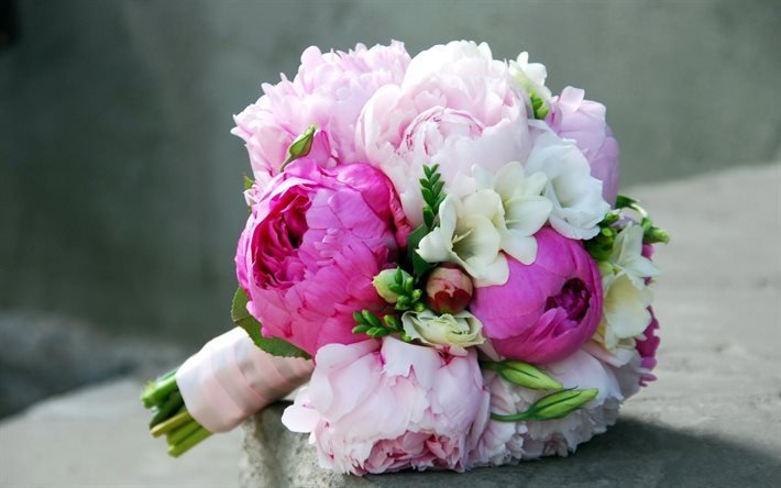 les pivoines, bouquet de la mariée, bouquet, freesia, fleurs, bouquet de mariage