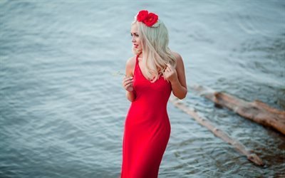 red dress, blonde, beautiful girl, river