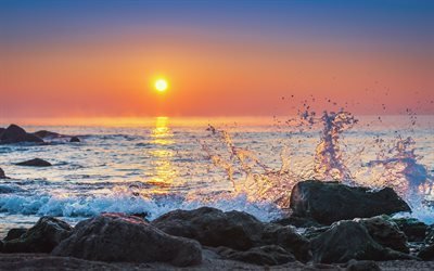 spruzzi d&#39;acqua, mare, onda, sunset, sole, costa