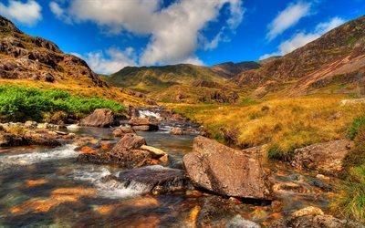 stones, mountains, summer, mountain stream, river, clear skies