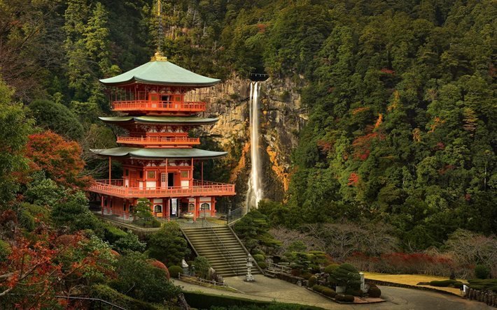 autumn, nature in japan, wodospad, japan, skelia, river, japanese temple, waterfall, rock