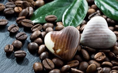 cava, caf&#233;, grain, chocolat, bonbons coeur, les grains de caf&#233;, chocolats, bonbons en forme de cœur