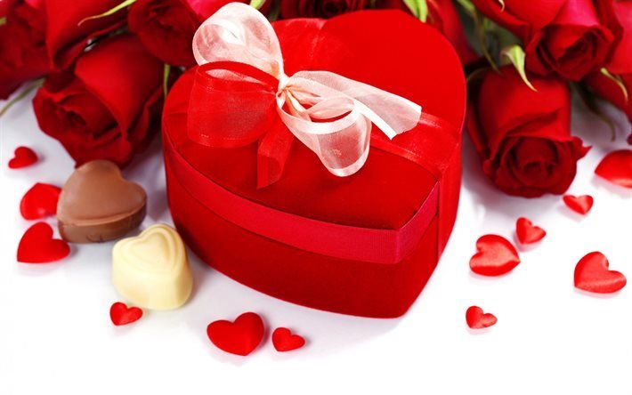 box heart, gift, love, roses