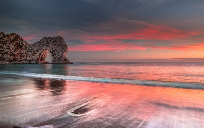 havet, sunset, rock, rosa himmel, kv&#228;ll, lugn