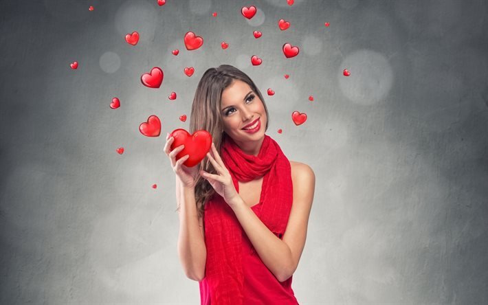 hermosa chica, regalos, coraz&#243;n, sonrisa