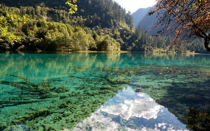 emerald lake, dağlar, mavi g&#246;l, orman, yaz, &#231;in