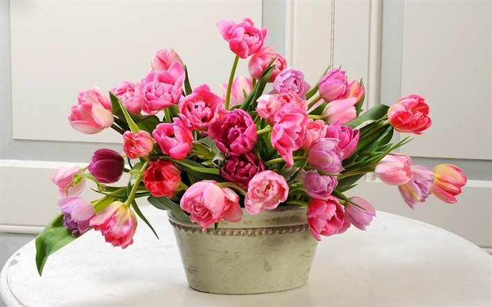 花束チューリップ, 花瓶, ピンクのチューリップ, ピンクの花, チューリップ