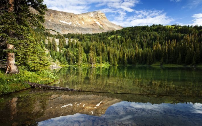 canada, le lac, le vert de la for&#234;t, montagnes, ciel bleu