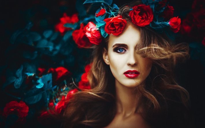 maquillaje hermoso, la primavera, rosas rojas, retrato, hermosa chica