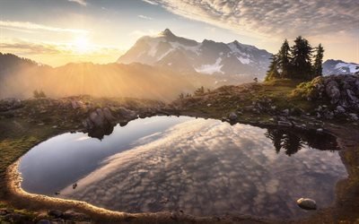 mountain lake, sj&#246;n, vatten, morgon, dawn, sky, solen