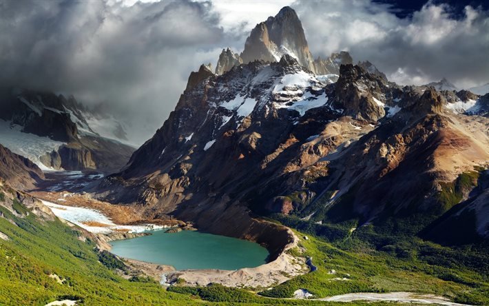 rocks, clouds, mountains, patagonia, andes, argentina, forest, lake