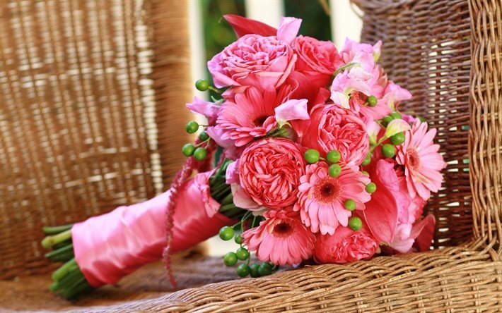 rose, h&#228;&#228;t kukkakimppu, kukkia, vaaleanpunaisia ruusuja, gerbera, pink bouquet, ruusut, ragevi kimpussa