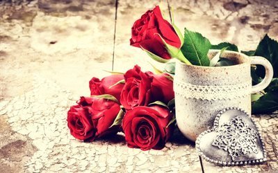 coeur, le jour de valentines, roses, pendant