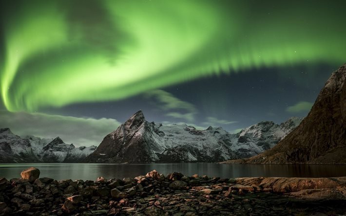 sea, north, night, northern lights, mountains, norway