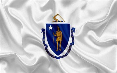 Massachusetts flag, Commonwealth of Massachusetts, flags of States, USA, white silk, Massachusetts coat of arms