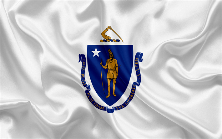 Massachusetts lippu, Commonwealth of Massachusetts, liput Valtioiden, USA, valkoinen silkki, Massachusetts vaakuna