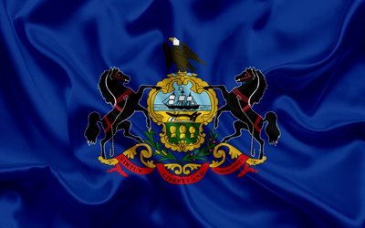 Pennsylvania flag, Commonwealth of Pennsylvania, flags of States, USA, blue silk, Pennsylvania coat of arms