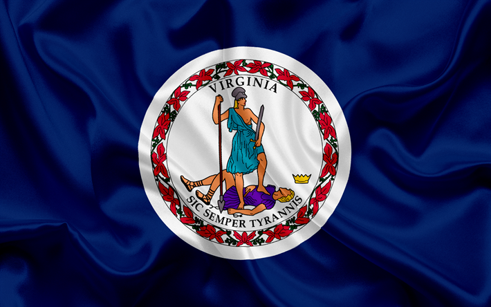 Virginia flag, Commonwealth of Virginia, flags of States, USA, state Virginia, blue silk, Virginia coat of arms