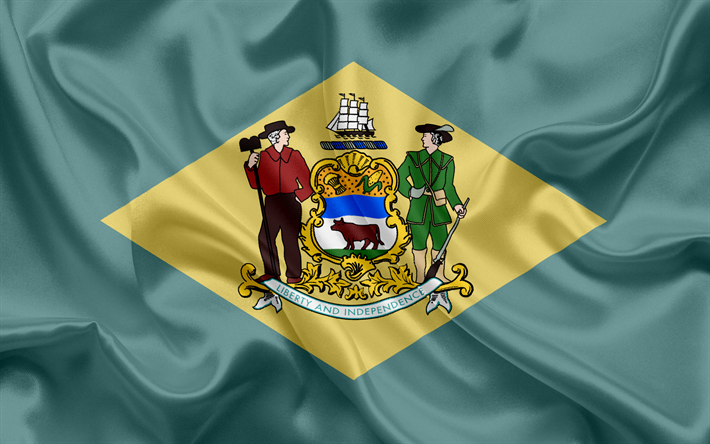 Delaware Flag, flags of States, flag State of Delaware, USA, state Delaware, Green silk, Delaware coat of arms