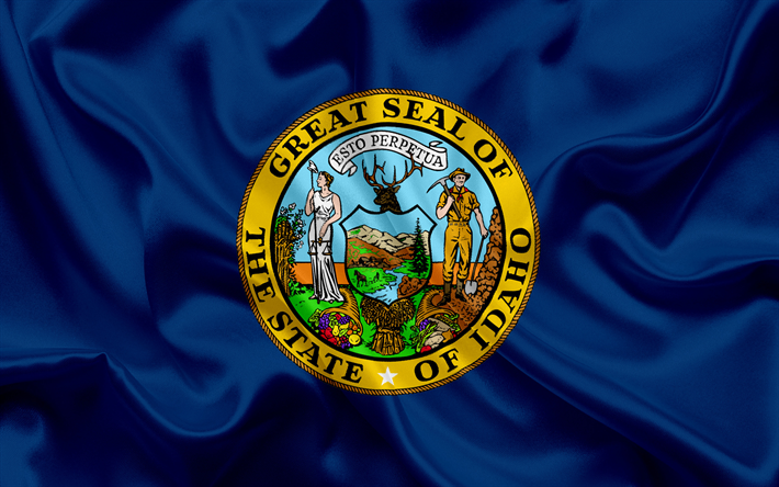 Idaho Lippu, liput Valtioiden, lippuvaltion Idaho, USA, valtion Idaho, sininen silkki lippu, Idaho vaakuna