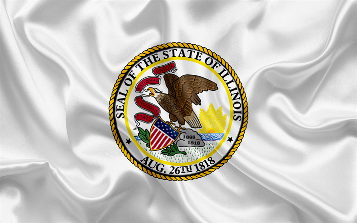 Illinois Flag, flags of States, flag State of Illinois, USA, state Illinois, White silk flag, Illinois coat of arms