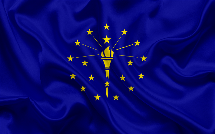 Indiana Bandeira, bandeiras dos Estados, bandeira do Estado de Indiana, EUA, estado de Indiana, de seda azul da bandeira, Indiana bras&#227;o de armas