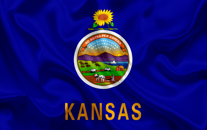 Kansas Flag, flags of States, flag State of Kansas, USA, state Kansas, blue silk flag, Kansas coat of arms