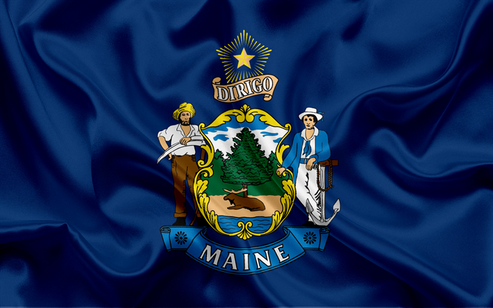 Maine Flag, flags of States, flag State of Maine, USA, state Maine, blue silk flag, Maine coat of arms