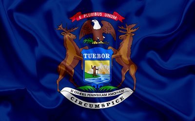 Michigan Flag, flags of States, flag State of Michigan, USA, state Michigan, blue silk flag, Michigan coat of arms