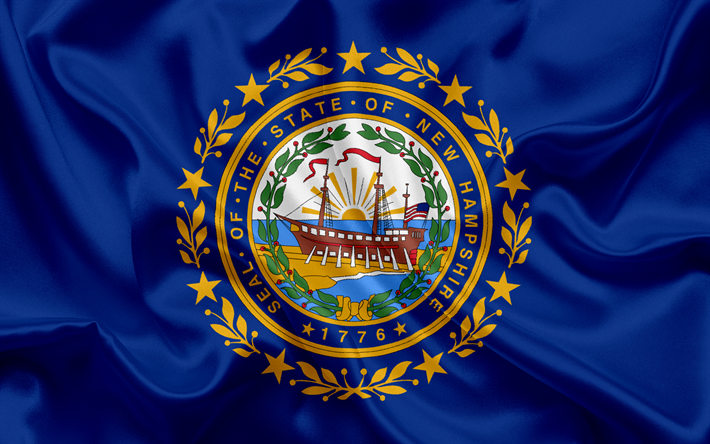 New Hampshiren Osavaltion Lippu, liput Valtioiden, lippu Valtion New Hampshire, USA, valtion New Hampshire, sininen silkki lippu, New Hampshire vaakuna