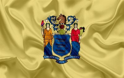 New Jersey State Flagga, flaggor av Stater, flag State of New Jersey, USA, staten New Jersey, gult silke flagga, New Jersey vapen