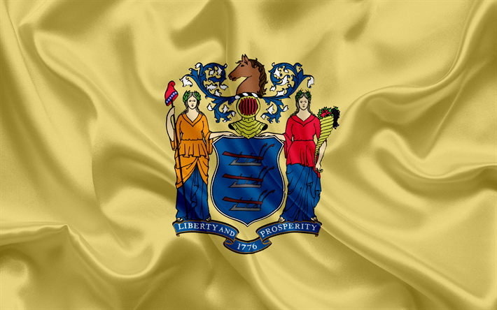 Estado De Nova Jersey Bandeira, bandeiras dos Estados, bandeira do Estado de New Jersey, EUA, estado de Nova Jersey, amarelo de seda bandeira, Nova Jersey bras&#227;o de armas