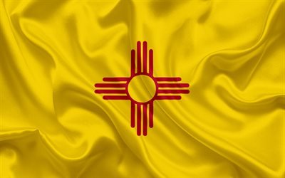New Mexico State Flag, flags of States, flag State of New Mexico, USA, state New Mexico, yellow silk flag, New Mexico coat of arms