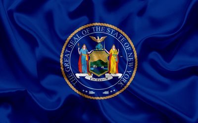 New York State Flag, flags of States, flag State of New York, USA, state New New York, blue silk flag, New York coat of arms