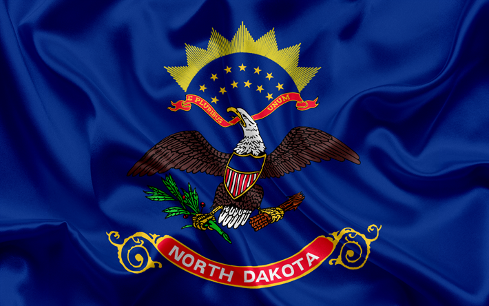 North Dakota State Flag, flags of States, flag State of North Dakota, USA, state North Dakota, blue silk flag, North Dakota coat of arms