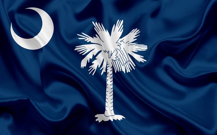 South Carolina State Flag, flags of States, flag State of South Carolina, USA, state South Carolina, blue silk flag, South Carolina coat of arms
