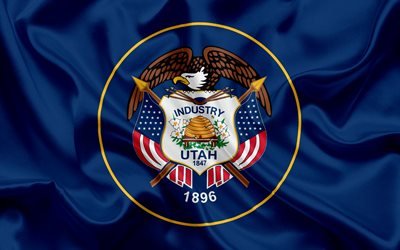 Utah State Flag, flags of States, flag State of Utah, USA, state Utah, blue silk flag, Utah coat of arms