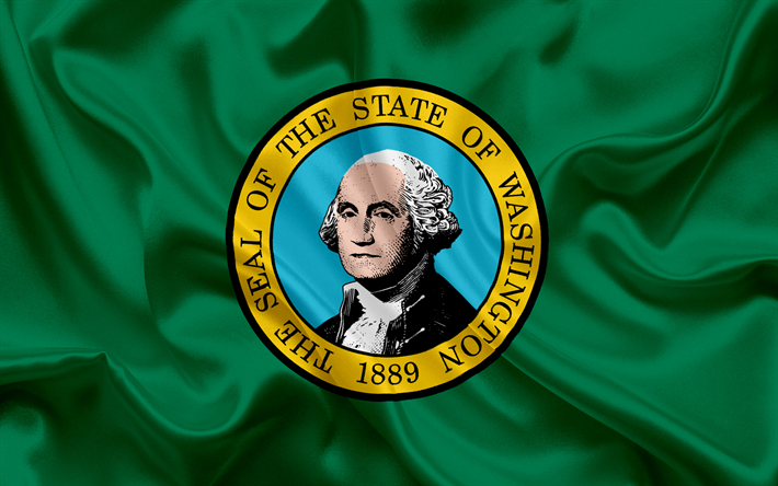 Washington State Flag, flags of States, flag State of Washington, USA, state Washington, Green silk flag, Washington coat of arms