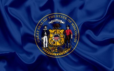 Silah Wisconsin Devlet Bayrağı, devlet bayrakları, Wisconsin, USA, Wisconsin Eyalet bayrağı Eyalet, mavi ipek bayrak, Wisconsin ceket