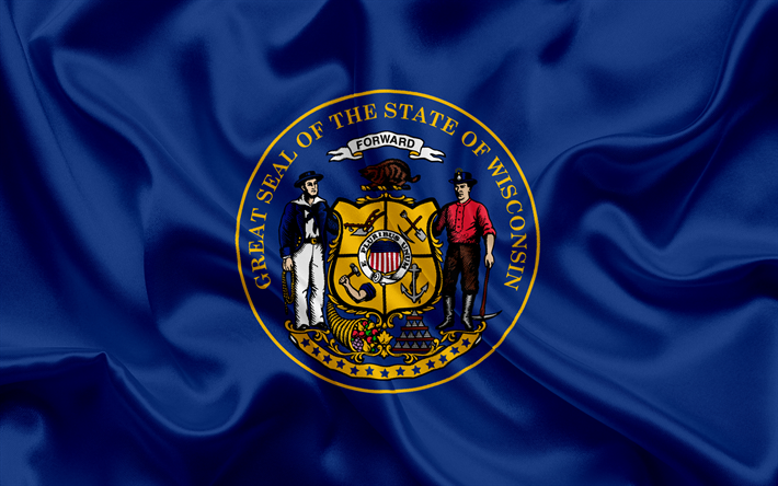Do Estado De Wisconsin Bandeira, bandeiras dos Estados, bandeira do Estado de Wisconsin, EUA, estado de Wisconsin, de seda azul da bandeira, Wisconsin bras&#227;o de armas