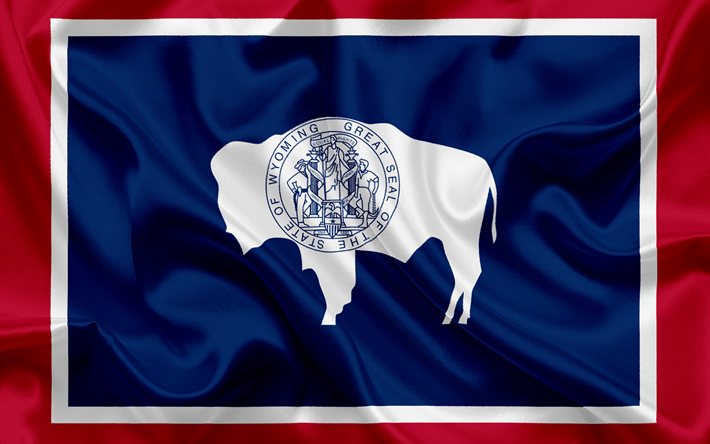 Wyoming State Flag, flags of States, flag State of Wyoming, USA, state Wyoming, blue silk flag, Wyoming coat of arms