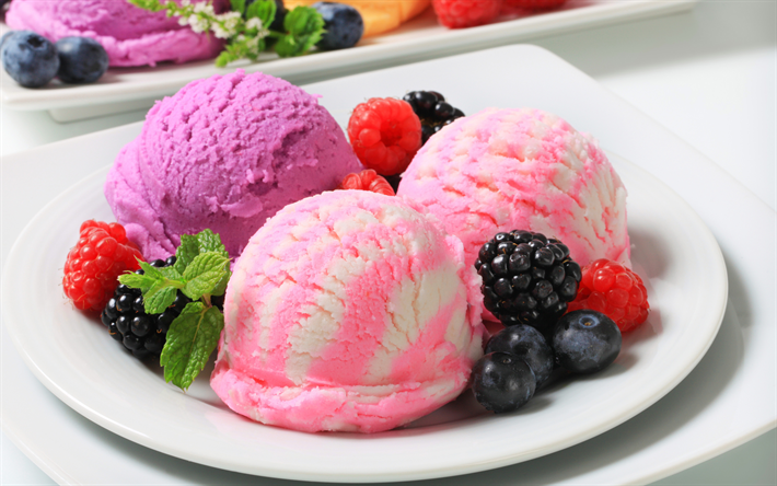 fruit ice cream, 4k, dessert, ice cream balls, berries, sweets